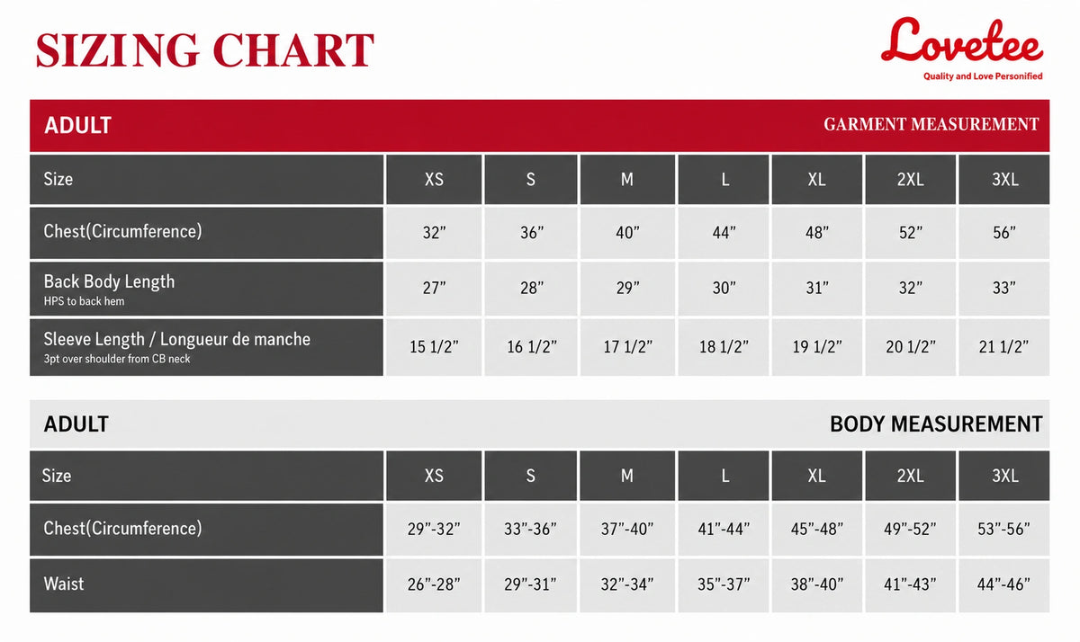 Long Sleeves Size Chart