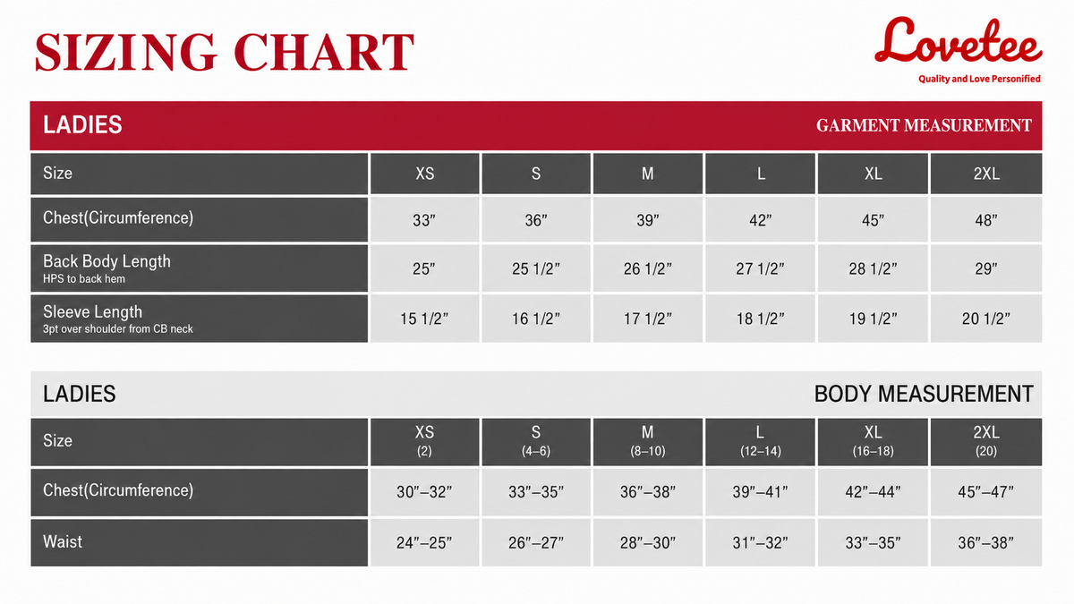 Ladies Tees Size Chart