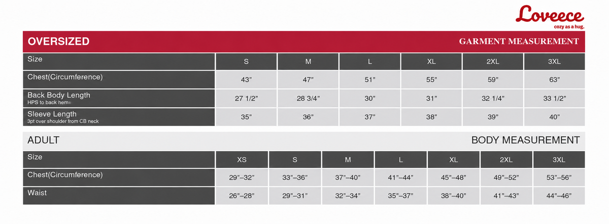 Oversized Relaxed Hoodies Size Chart