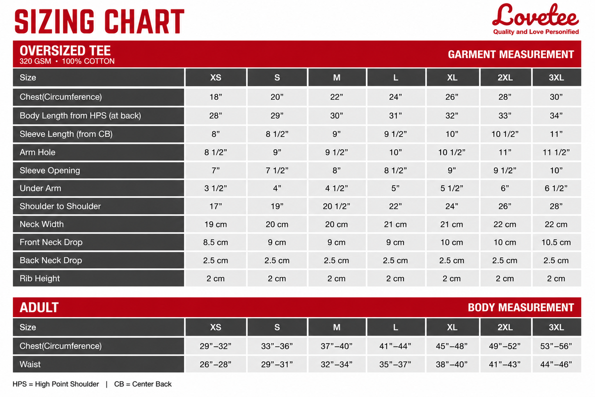 Mid Weight Oversized Size Chart