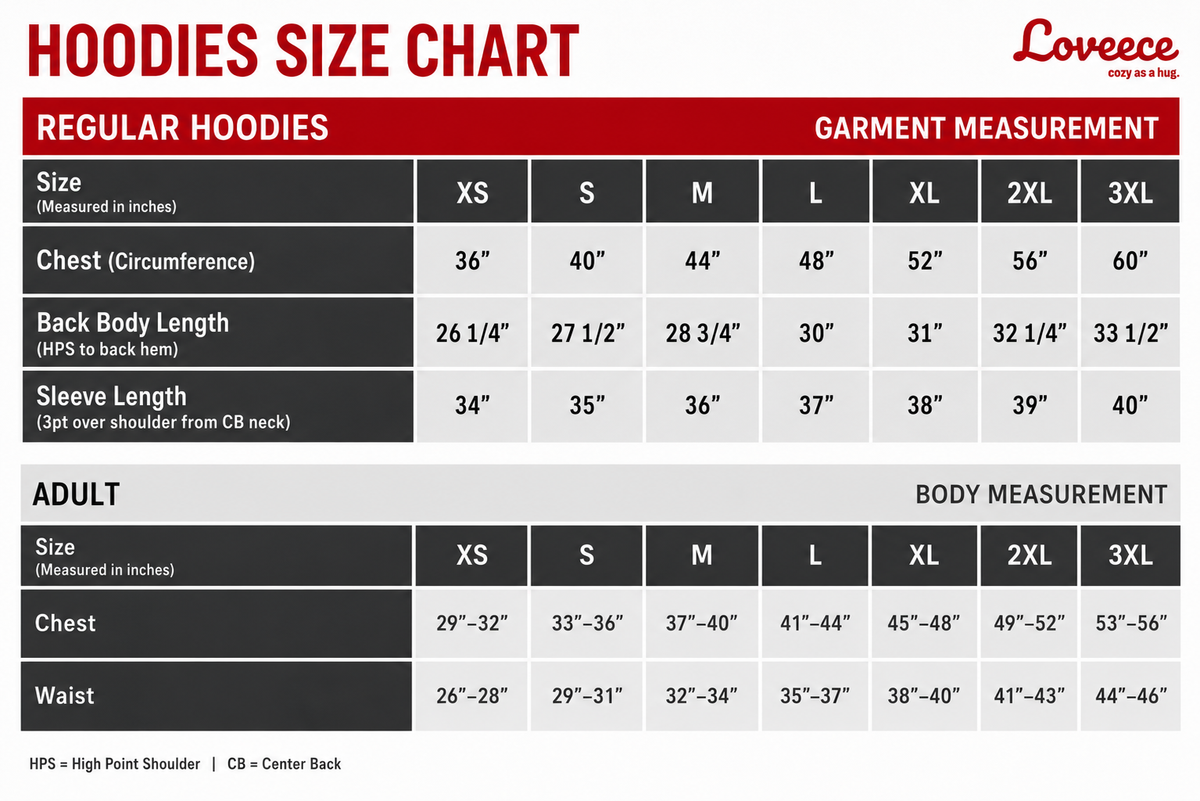 Regular Hoodie Size Chart