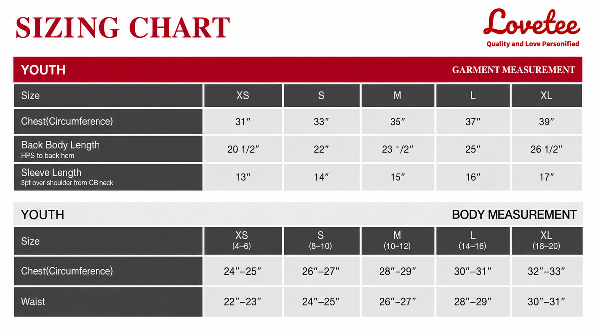 Youth Unisex Tees Size Chart